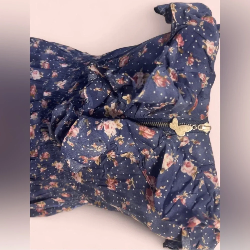 Y2K Navy Blue Floral Ruffle Mini Dress Womens Size S - Picture 2 of 5